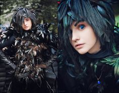 two different pictures of people with feathers on their head and one has blue eyes, the other is black