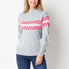 This St. John's Bay women's sweater is a stylish upgrade for your holiday and winter collection. Made from a warm knit, it has cable-knit detail and a colorful fairisle pattern, plus a high mock neck and ribbed trims for a cozy finish. Wear it with jeans and boots.Closure Type: Pullover HeadFit: Classic FitNeckline: Crew NeckSleeve Length: Long SleeveSleeve Style: Fitted SleeveApparel Length: 25 InchesFiber Content: 65% Acrylic, 35% PolyesterFabric Description: KnitCare: Machine Wash, Tumble Dry Large Sweaters, Fair Isle Pattern, Small Sweater, Long Sleeve Pullover Sweater, Wardrobe Ideas, Pullover Sweater Women, Long Sleeve Pullover, Winter Collection, Grey Sweater