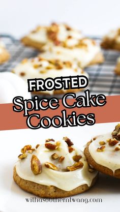 frosted spice cake cookies with white icing and pecans on the top one