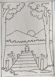 a drawing of a person sitting at the end of a pier looking out over water