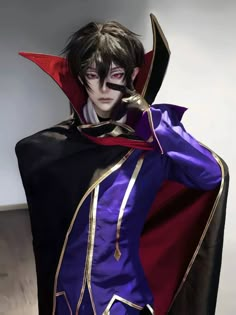 a man dressed in a purple and black outfit with a red cape on his head