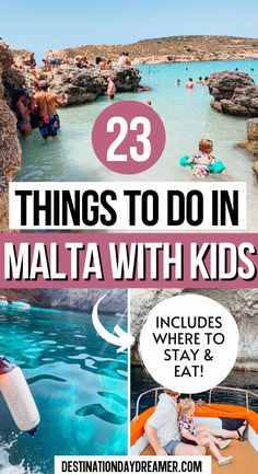 Bright blue sea water with rocks and people playing with words over the image that reads '23 Things to do in Malta With Kids' Malta With Kids, City Activities, Malta Beaches, Best Cities In Europe, European Trip