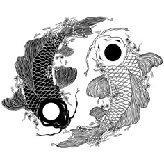 a black and white drawing of two koi fish