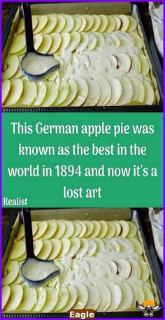 three pans filled with sliced apples on top of a wooden table next to a green sign