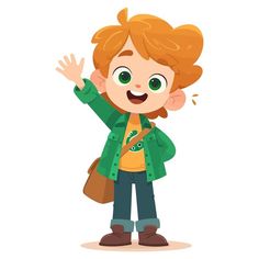 a little boy with red hair and green eyes is waving at something while holding his hand up