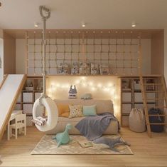 a living room filled with furniture and lots of shelves next to a stair case covered in lights