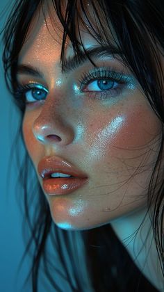 Ocean Eyes Makeup, Wet Eye Look, Skin Color Aesthetic, Electric Look, Close Up Photography Face, Wet Look Makeup, Wet Makeup Look, Ocean Makeup, Cosmic Makeup