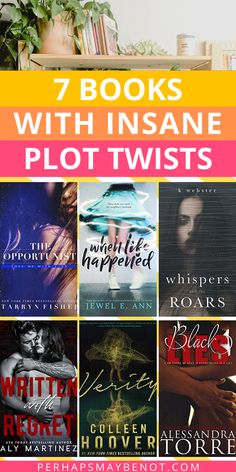 books with insane plot twistes on them and the title in pink, yellow and orange