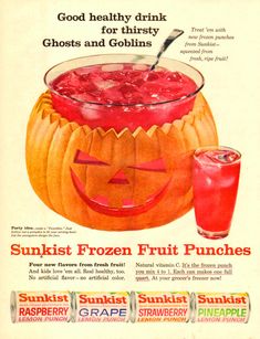 an old advertisement for sunki's frozen fruit punches with jack o lanterns