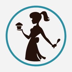 the silhouette of a woman holding a cupcake in one hand and a spoon in the other