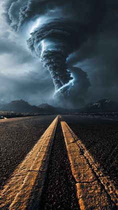 an image of a very large tornado coming out of the sky over a desert road