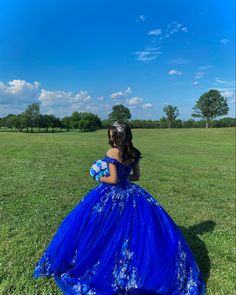 a woman in a blue dress is standing on the grass with her back to the camera