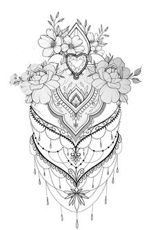 a black and white drawing of flowers in the shape of a heart with an arrow