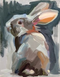 a painting of a rabbit sitting on the ground with its head turned to the side