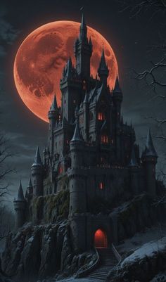 an image of a castle at night with the full moon in the sky behind it