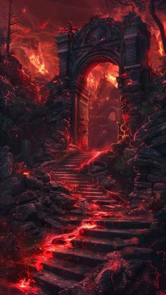 an image of a fantasy scene with fire coming out of the door and stairs going up to it