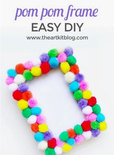 the pom pom frame is made out of yarn and plastic balls with text overlay