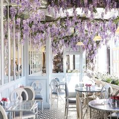 the interior of a restaurant with tables and chairs covered in purple flowers