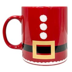 a red coffee mug with santa claus's face on the front and bottom part