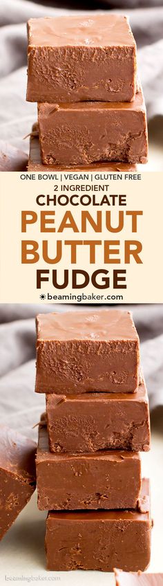 chocolate peanut butter fudge is stacked on top of each other with the title above it