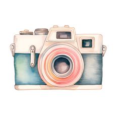 a watercolor drawing of a camera on a white background