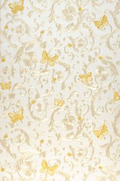 a white and gold wallpaper with butterflies on it