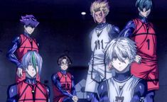 an anime group is standing together in front of a dark background, with one man wearing a red and blue uniform