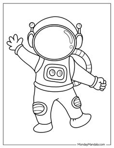 an astronaut coloring page for kids with spaceman on the back and hands up in the air