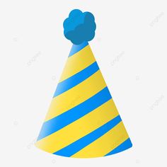 a blue and yellow striped party hat with a cloud on it's top, illustration,