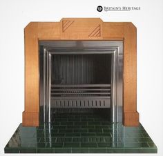 the fireplace is made out of wood and has green tile on it's sides