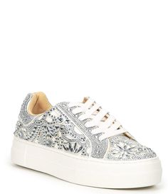 From Blue by Betsey Johnson&#x2C; the Reily Rhinestone Platform Sneakers feature:Fabric upper with allover rhinestone embellishmentsLace up closureSynthetic liningSynthetic outsoleApprox. 1" platform heightImported. Cute Platform Sneakers, Diamond Sneakers, Bride Sneakers, Rhinestone Sneakers, Bridal Sneakers, Blue By Betsey Johnson, Wedding Sneakers, Rhinestone Shoes, Sneakers Athletic