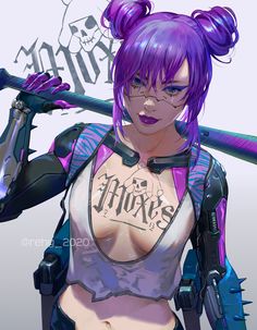 a woman with purple hair and tattoos holding a baseball bat