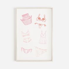 a drawing of clothes and bras on a white paper with pink ink in the middle