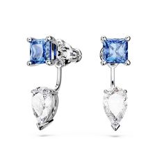 These attractive Mesmera earrings from Swarovski Crystal are a versatile and spellbinding choice. The pierced design is rhodium plated and features a pair of prong-set Swarovski Zirconia in pear and square cuts. Wear them as single blue studs or adjust the height of the detachable pear-cut drop to suit your style. A perfect gift to inject any evening outfit with elegance and color.  Measurements: 0.76 inch in length by 0.24 inch in width  Weight (Individual Piece): 0.05 ounce  Swarovski Crystal Flowers Photography Beautiful, Finnish Jewelry, Blue Crystal Earrings, Cocktail Accessories, Earring Jackets, Evening Outfit, White Crystals, Blue Square, Swarovski Jewelry