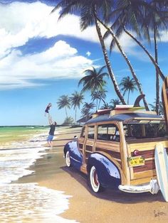 a painting of a car with surfboards on the beach