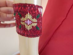 beaded bracelet cuff, made in Mexico 2 inches wide three flower designs Mexico Beaded Bracelets, Red Mexican Bracelet, Red Beaded Cuff Bracelet, Red Southwestern Hand-strung Jewelry, Multicolor Southwestern Hand-strung Bracelets, Pearl Cuff Bracelet, Pearl Cuff, Mexican Jewelry, White Gold Bracelet