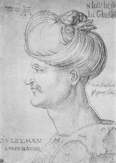 a black and white drawing of a man's head with hair in a bun