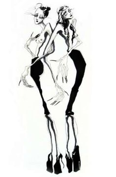 a black and white drawing of two women in high heels