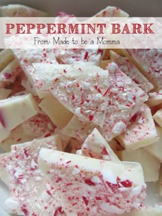 peppermint bark from made to be a momma recipe on a white plate with red sprinkles