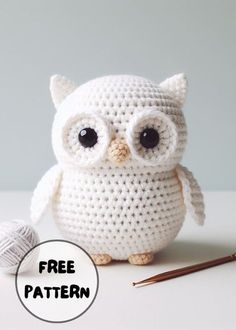 crocheted owl with glasses and knitting needles next to it's free pattern