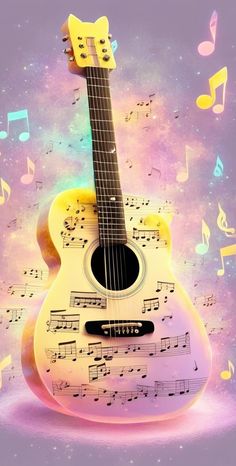 an acoustic guitar with musical notes floating around it's neck and neck, in front of a colorful background