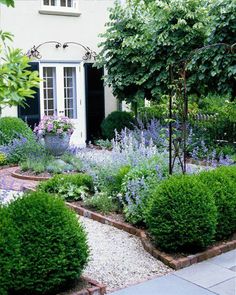 a garden with lots of plants and flowers next to a white house in the background