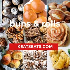 the words buns and rolls are overlaid with images of pastries, fruit, and other food items