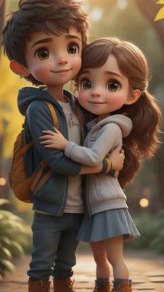 a boy and girl hugging each other in the park