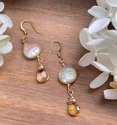 One pair only! Coin Pearl, Tear Drop Citrine drop-dangle earrings.   2inches, light weight, gold plated ear wires and tarnish free wire. All orders carefully wrapped in a velvet pouch, ready for gift giving. Ships 📫 USPS First Class Mail with tracking Earring Inspo, Coin Earrings, Coin Pearls, Boho Luxe, Velvet Pouch, Etsy Earrings Dangle, Earrings Dangle, Tear Drop, Gift Giving