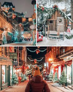 a collage of photos with christmas lights in the streets and people walking down the street