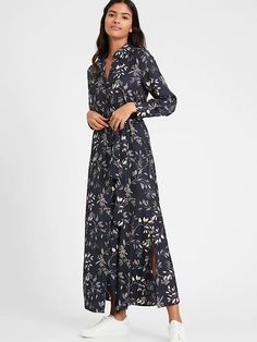 Maxi Shirtdress | Banana Republic Dresses With Belts, Dresses With Tennis Shoes, Long Sleeve Maxi Dresses, Casual Cotton Dress, Blue Slip Dress, Casual Cotton Top, Bohemian Maxi, Autumn 2022, Maxi Shirts