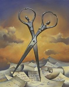 a painting of a pair of scissors in the middle of papers with writing on them