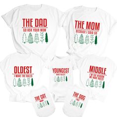 Matching Family Funny Holiday shirts. Custom Personalized Christmas rules including dogs and cats.   THE DAD - Go ask your mom THE MOM - Because I said so OLDEST - I make the rules MIDDLE - I'm the reason we have rules NEXT YOUNGEST - I break the rules YOUNGEST - what rules THE DOG - I rule THE CAT - rules (scratched out) The price is for each INDIVIDUAL SHIRT, not a set. HOW TO ORDER A SET: Choose the size of shirt and saying you want then click add to cart. Repeat this step for each shirt. When all the shirts are in the cart, Click on the CART to purchase.  All shirts are WHITE with RED lettering and GREEN trees. (Really want another shirt color besides white? Check with me. I might have all your sizes in a different color) ADULT tees: Bella Canvas or Next Level Unisex T-shirt 4.2 oz., 1 Christmas Family Tee Shirts, Christmas Family Shirts Ideas Vinyl, Matching Family Christmas Pajamas Shirts, Fun Christmas Shirts For Family, Christmas Matching Family Shirts, Matching Family Xmas Shirts, Family T Shirt Ideas Matching, Family Christmas Shirts Funny, Christmas Family Tshirts