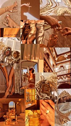 the collage shows different images of women in gold and silver outfits, including shoes